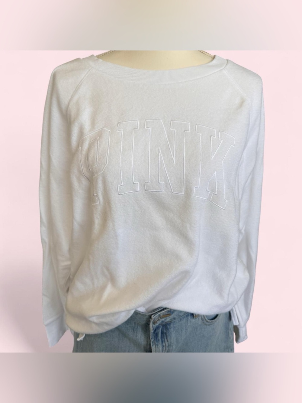 PINK Victoria's Secret White Embroidered Logo Crewneck